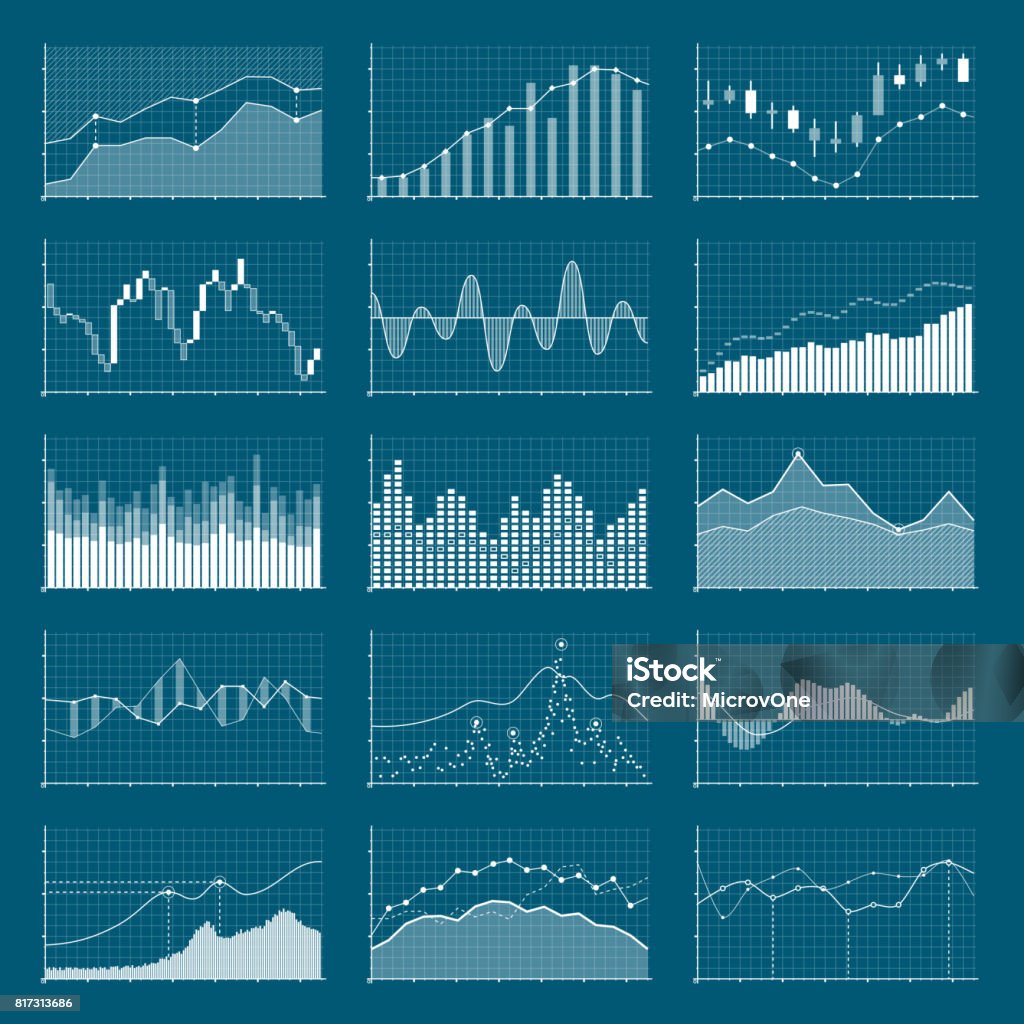 Gráficos financeiros de dados de negócios. Gráficos de análise de ações. Conjunto de vetores gráficos de mercado crescente e queda - Vetor de Gráfico royalty-free