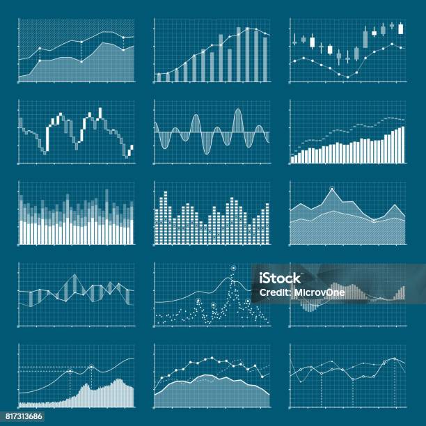 Vetores de Gráficos Financeiros De Dados De Negócios Gráficos De Análise De Ações Conjunto De Vetores Gráficos De Mercado Crescente E Queda e mais imagens de Gráfico