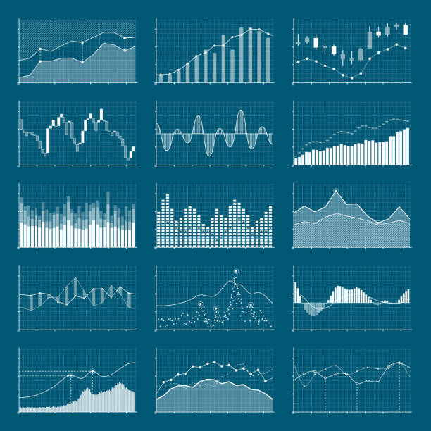 Business data financial charts. Stock analysis graphics. Growing and falling market graphs vector set Business data financial charts. Stock analysis graphics. Growing and falling market graphs vector set. Collection of visualization finance chart and diagram information illustration charts and graphs stock illustrations