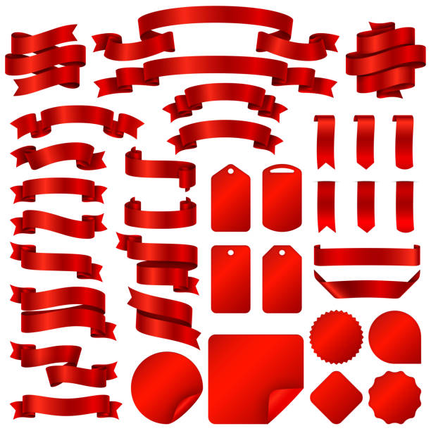 упаковка красной лентой баннеры и ценник значки вектор набор - red ribbon stock illustrations