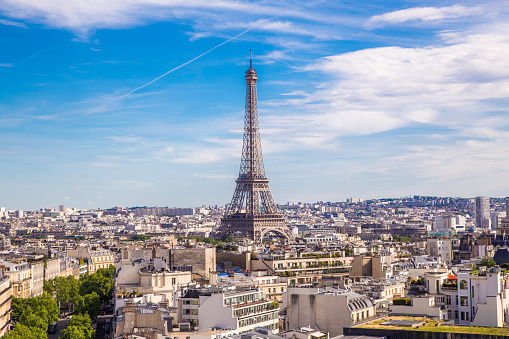 Panoramic view of summer Paris and Eiffel tower
