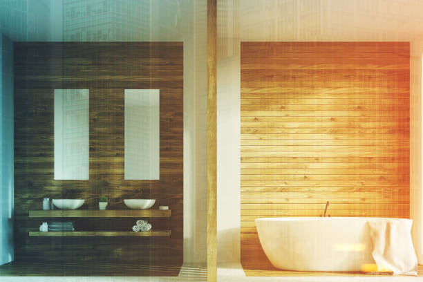 istock Wooden bathroom, two sinks, posters toned 817319284