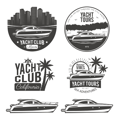 Set of yachtr, labels, emblems and design elements. Vector illustration, isolated on white background.