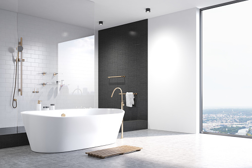 Modern Minimalist Bathroom Interior Design. 3D Rendering.