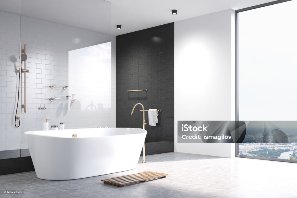 White bathroom with black tiles corner Luxury white bathroom interior with white and black tiles, a white tub and a shower. Corner. White floor. 3d rendering mock up Bathtub Stock Photo