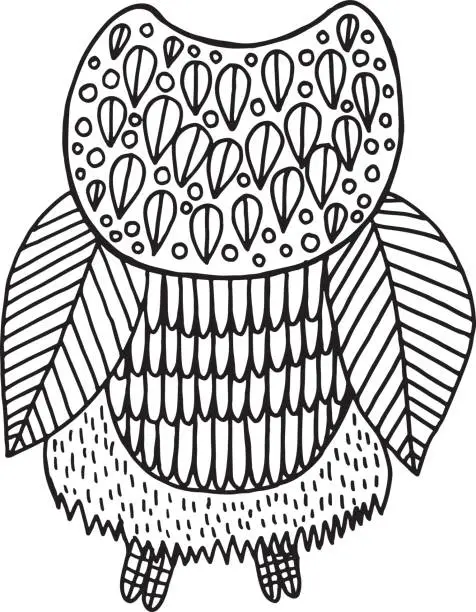 Vector illustration of Surreal floral owl coloring page. Vector hand drawn illustration for adult and children coloring book. Doodle art with forest bird.
