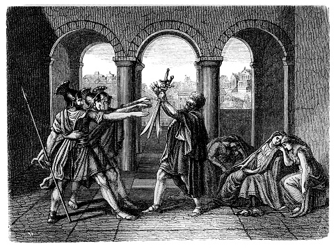 Illustration of the Horatii set out to meet the Curiatii