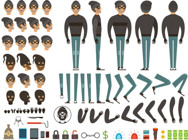 ilustrações de stock, clip art, desenhos animados e ícones de mascot or character design of bandit. vector creation kit with specific elements and different body parts - specific