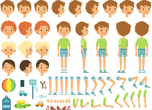 Funny cartoon boy creation mascot kit with children toys and different body parts. Character cute boy constructor, body part hand and leg. Vector illustration