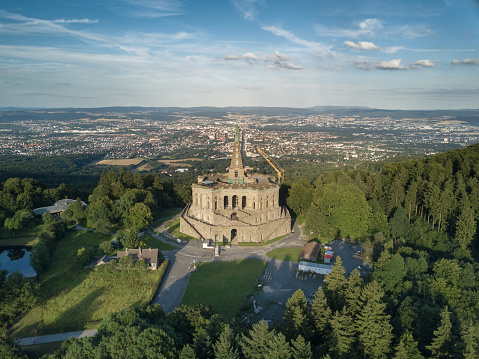 The Hercules monument is an important landmark in the German city of Kassel. It is located in the Bergpark Wilhelmshöhe (Wilhelmshöhe Mountainpark) in northern Hesse, Germany. Drone point of view. Unesco world heritage site.