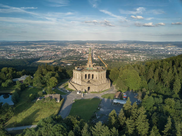 Hercules monument in Kassel The Hercules monument is an important landmark in the German city of Kassel. It is located in the Bergpark Wilhelmshöhe (Wilhelmshöhe Mountainpark) in northern Hesse, Germany. Drone point of view. Unesco world heritage site. photography hessen germany central europe stock pictures, royalty-free photos & images