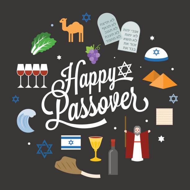 ilustrações de stock, clip art, desenhos animados e ícones de happy passover poster pictogram with moses - passover seder plate seder judaism