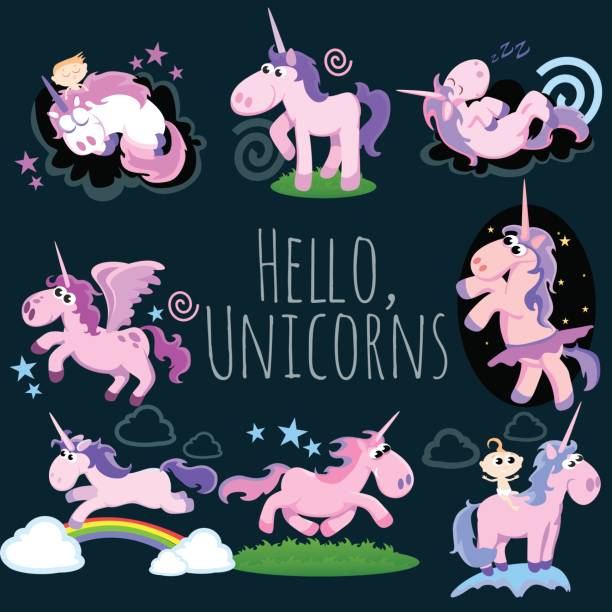 cute unicorn isolated set, magic pegasus flying with wing and horn on rainbow, fantasy horse vector illustration, myth creature dreaming on dark background, greeting card template cute unicorn isolated set, magic pegasus flying with wing and horn on rainbow, fantasy horse vector illustration, myth creature dreaming on white background, greeting card template. disney character free background stock illustrations