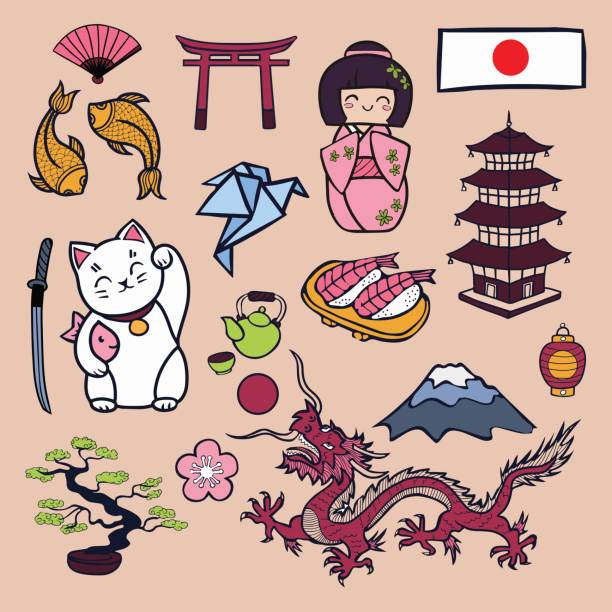 日本シンボル セット - japan map japanese culture japanese flag点のイラスト素材／クリップアート素材／マンガ素材／アイコン素材