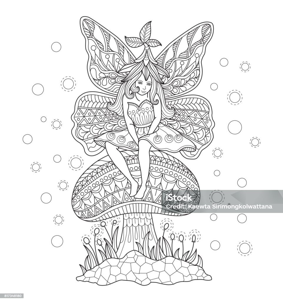 Hand drawn Fairy girl sitting on the mushroom for adult coloring page. Black and white line art vector illustration was made in eps 10. Can be used for adult coloring book. Mushroom stock vector