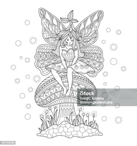 Hand Drawn Fairy Girl Sitting On The Mushroom For Adult Coloring Page Stock Illustration - Download Image Now