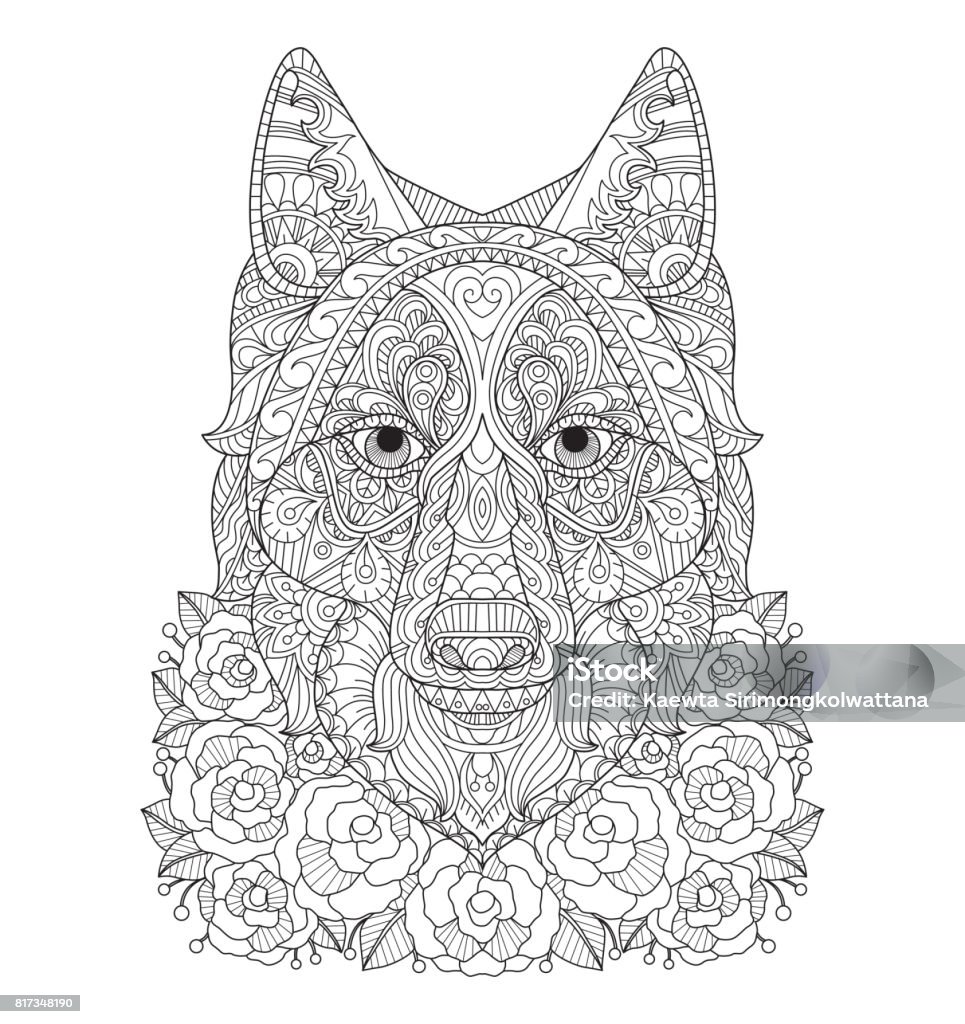 Hand drawn Fox in the rose garden for adult coloring page. Black and white line art vector illustration was made in eps 10. Can be used for adult coloring book. Coloring Book Page - Illlustration Technique stock vector