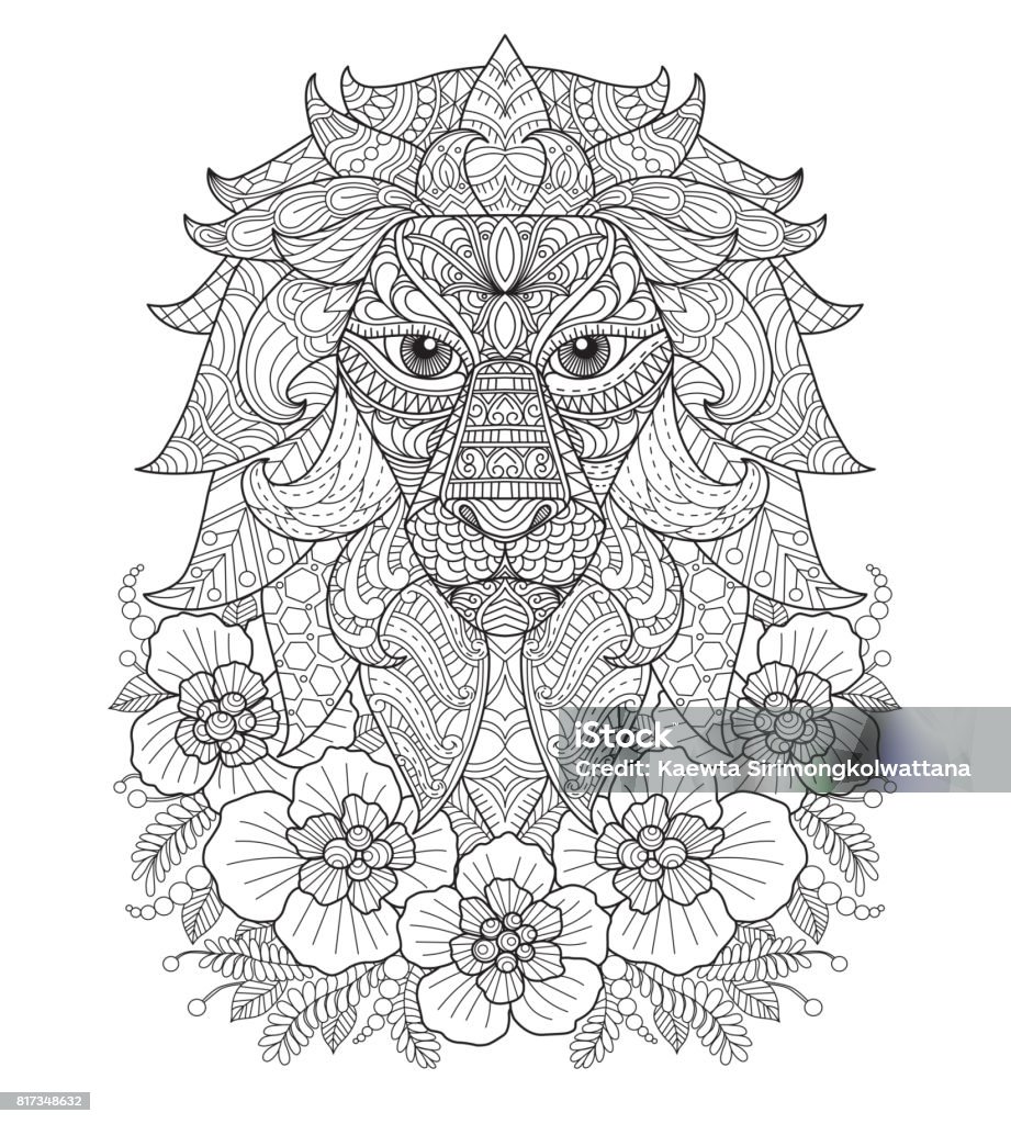 Hand drawn Lion and flower for adult coloring page. Black and white line art vector illustration was made in eps 10. Can be used for adult coloring book. Adult stock vector