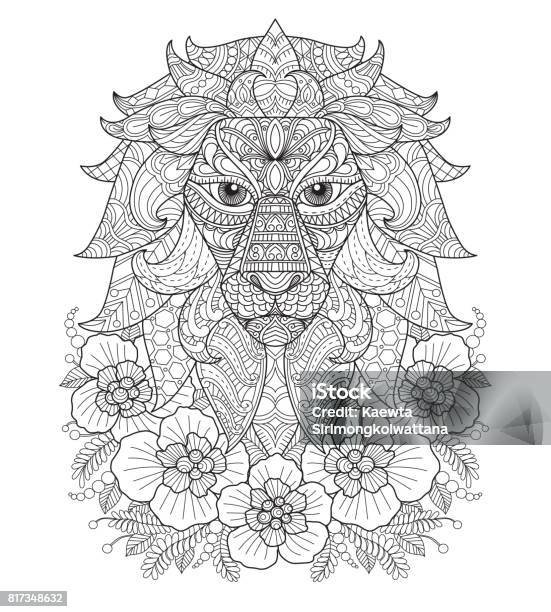Hand Drawn Lion And Flower For Adult Coloring Page Stock Illustration - Download Image Now