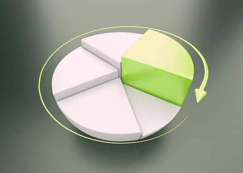 Green and white pie chart with red arrow