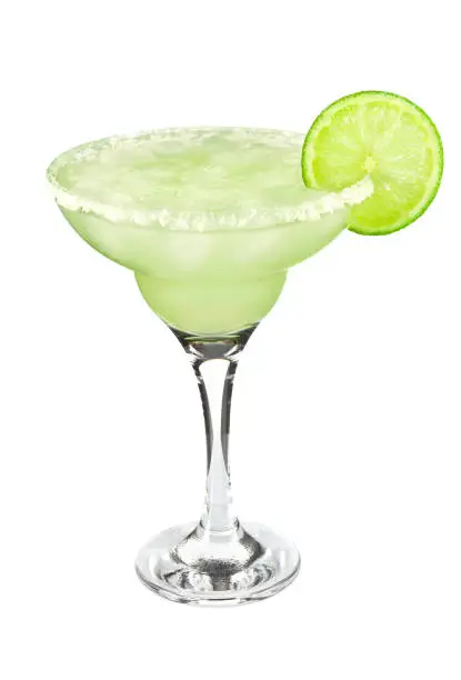 Cocktail classic Margarita with lime and salt, isolated on white background.