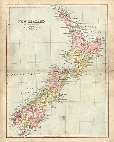 Vintage engraving of a Antique map of New Zealand in the 19th Century, 1873