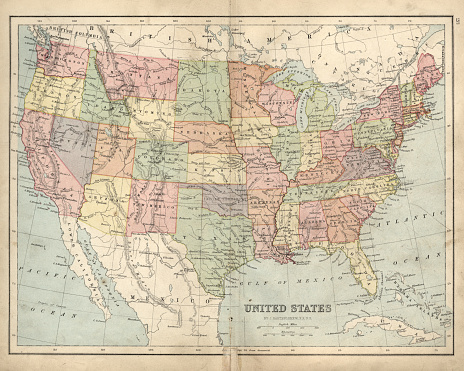 Vintage engraving of a Antique map of United States of America in the 19th Century, 1873
