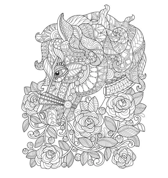 Vector illustration of Hand drawn Horse in the raose garden for adult coloring page.