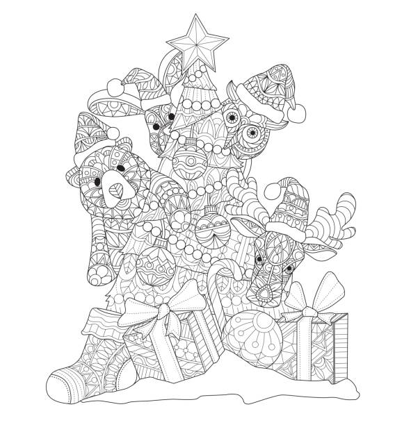 Hand drawn Cute animals and christmas tree for adult coloring page. Black and white line art vector illustration was made in eps 10. Can be used for adult coloring book. coloring book page illlustration technique illustrations stock illustrations