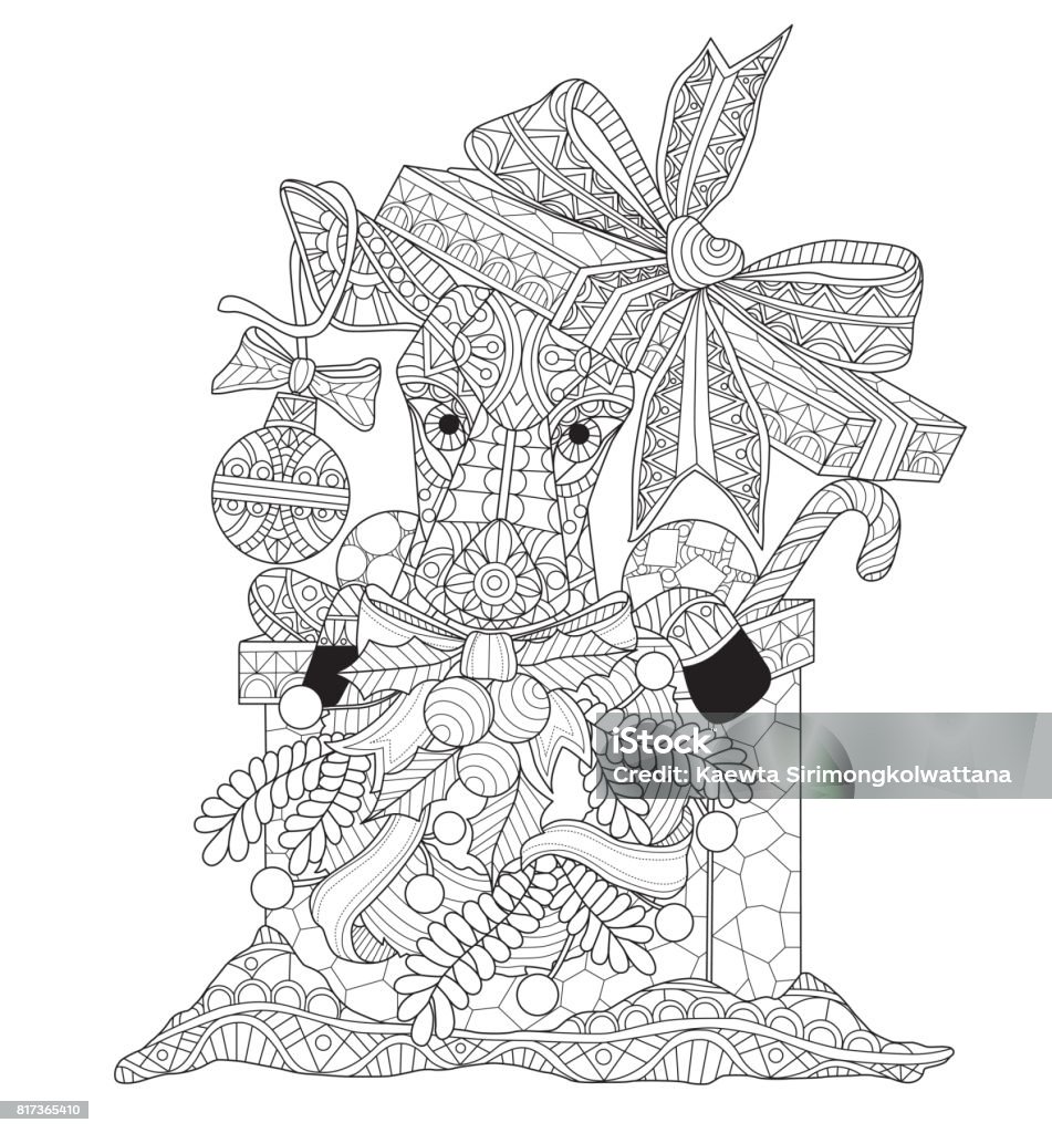 Hand drawn Little deer in the gift box for adult coloring page. Black and white line art vector illustration was made in eps 10. Can be used for adult coloring book. Abstract stock vector