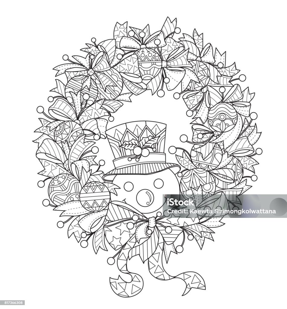 Hand drawn Snowman and the Christmas wreath for adult coloring page. Black and white line art vector illustration was made in eps 10. Can be used for adult coloring book. Christmas stock vector