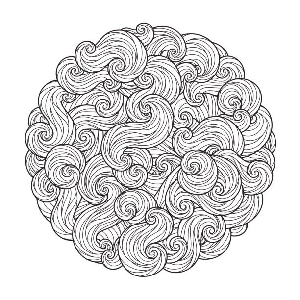 Abstract Round Sea Wave Mandala with curls Abstract Round Sea Wave Mandala with curls, swirls, hairs isolated on white background. Coloring book for adult and older children. Editable vector illustration. adult coloring pages mandala stock illustrations