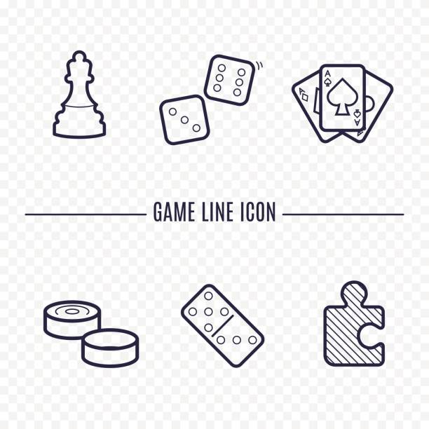 ikon linear permainan. catur, dadu, kartu, ceker, dan permainan papan lainnya. tanda-tanda linear tipis permainan. konsep kerangka untuk situs web, infografis, aplikasi seluler. - dam permainan papan ilustrasi stok