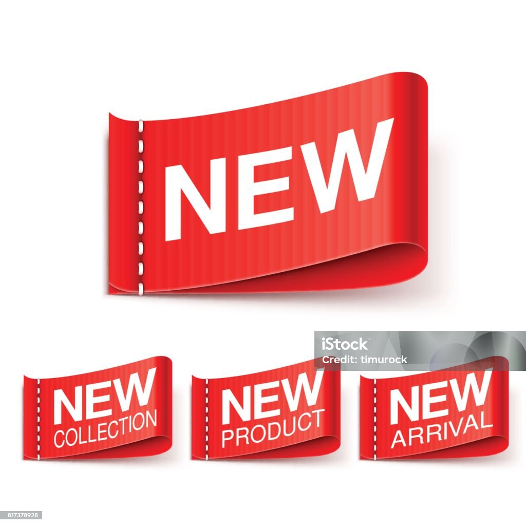 New Labels Collection Collection of 4 red new labels isolated on white background New stock vector