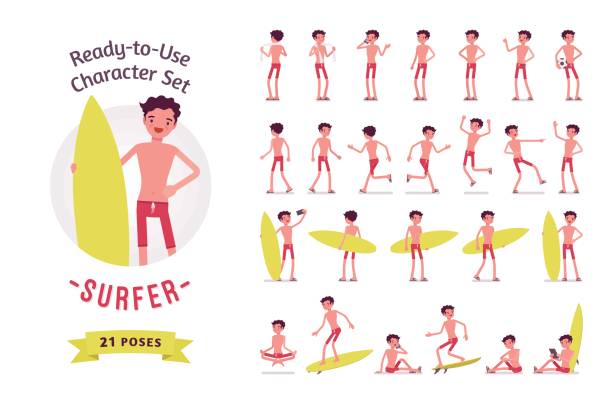 ilustrações de stock, clip art, desenhos animados e ícones de ready-to-use surfer man character set, various poses and emotions - summer people tourist slim