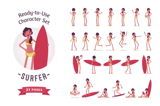ilustrações de stock, clip art, desenhos animados e ícones de ready-to-use surfer woman character set, various poses and emotions - lifestyle sports and fitness travel locations water