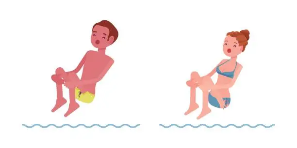 Vector illustration of Male and female swimmer jumping into water set