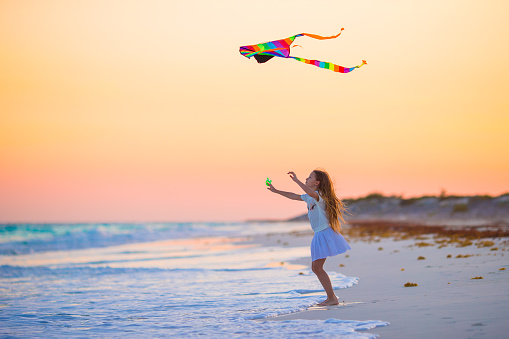 Man playing and flying kite at beach in weekend.