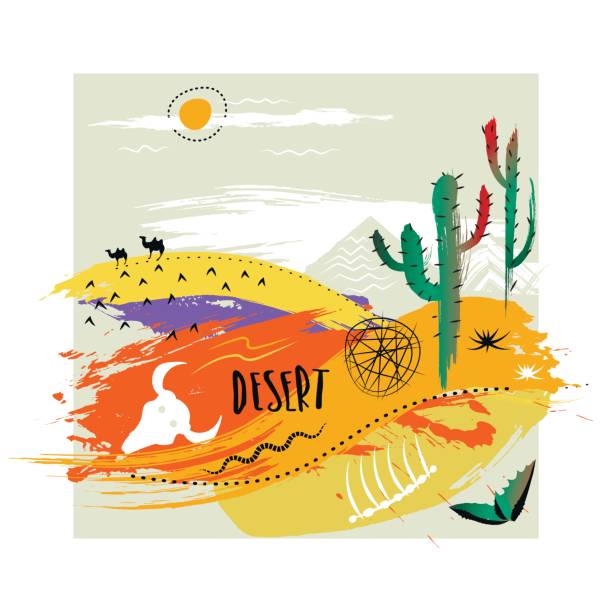 Square abstract trendy composition of smears on theme of desert . Vector hand-drawn illustration. Square abstract trendy composition of smears on theme of desert . Concept for poster, print, advertising, touristic brochure, t-shirt. theme wild wild west stock illustrations