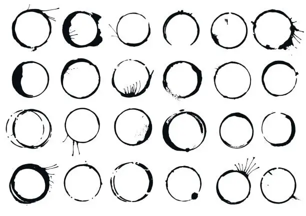 Vector illustration of Vector set of 24 rings from stains of coffee cups with drops and smudges.