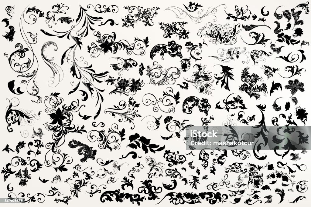 Collection of vector hand drawn flourishes in antique style. Mega set Big set of vector black filigree flourishes in vintage style Flourish - Art stock vector