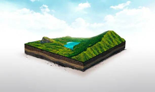 Photo of 3d illustration of a soil slice, green mountains with lake isolated on white background