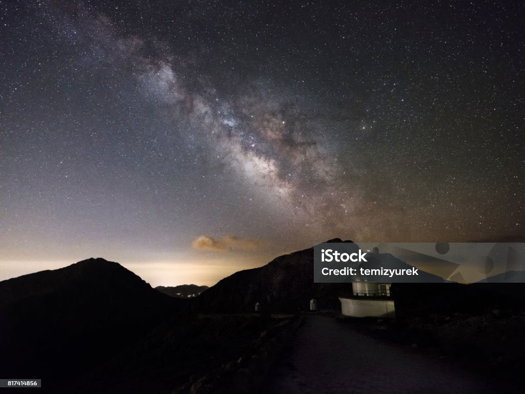 Milky Way with Telescope Milky Way with Telescope on Mountains. Antalya Province Stock Photo