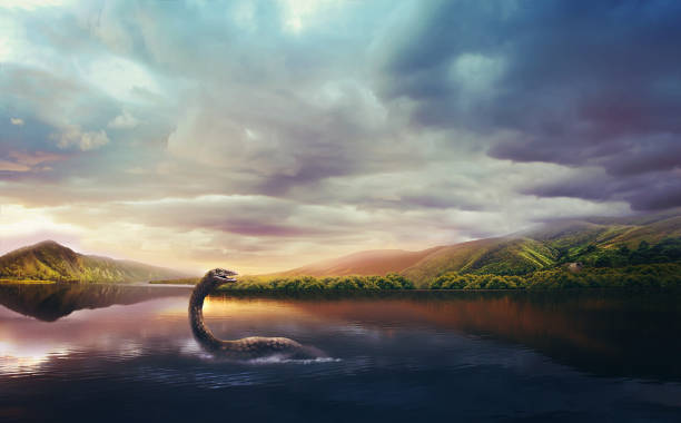 Loch Ness Monster in the lake at sunset Loch Ness Monster jurassic photos stock pictures, royalty-free photos & images