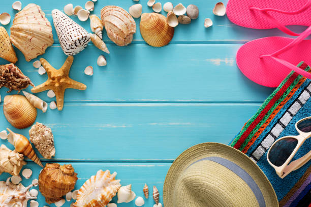 istock Vacation background on blue wood, top view with copy space 817420562
