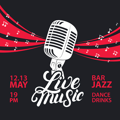 Live music poster with a microphone for concert, party. Vintage retro style. Hand written lettering. Black background. Vector illustration.