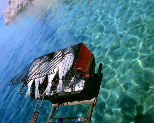 Seafood Barbecue grill on sea at a yacht deck, Mugla, Turkey