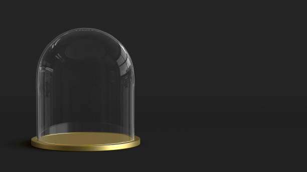 istock Glass dome with golden tray on dark background. 3D rendering. 817442412