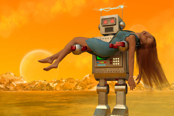 Classic retro 1950's era science fiction image, depicting a robot carrying an unconscious woman across a barren and alien landscape. Is he rescuing her? Or is he a bad robot, kidnapping her? What drama is unfolding here? You decide!