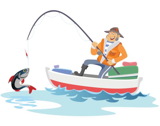 ilustrações de stock, clip art, desenhos animados e ícones de flat fisherman hat sits on boat with trolling fishing rod in hand and catches bucket, fishman crocheted spin into the sea waiting big fish funny vector illustration, man active banner concept - animal catch of fish catching sport